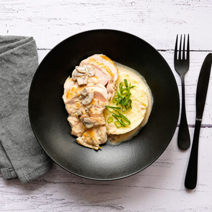poulet-champignons-écrasé pomme-de-terre