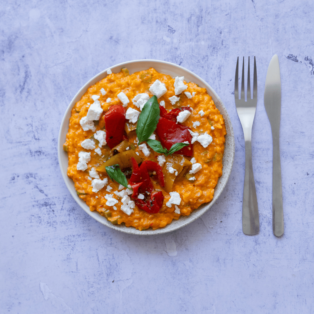 Risotto, légumes d’été & poivrons marinés